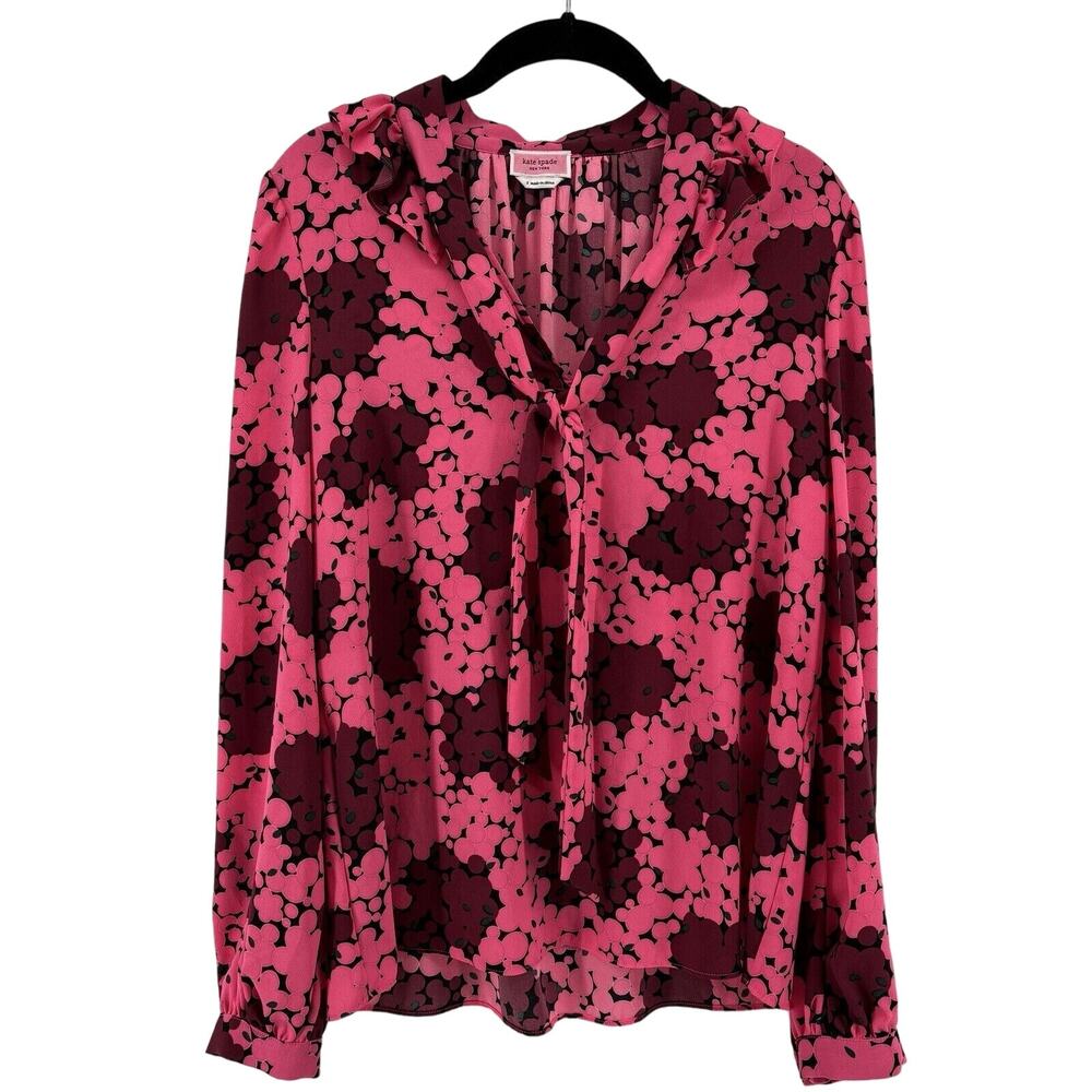 Kate Spade Blouse Pink & Burgundy‎ Floral Small V-Neck W/ Tie Long Sleeve Ruffle